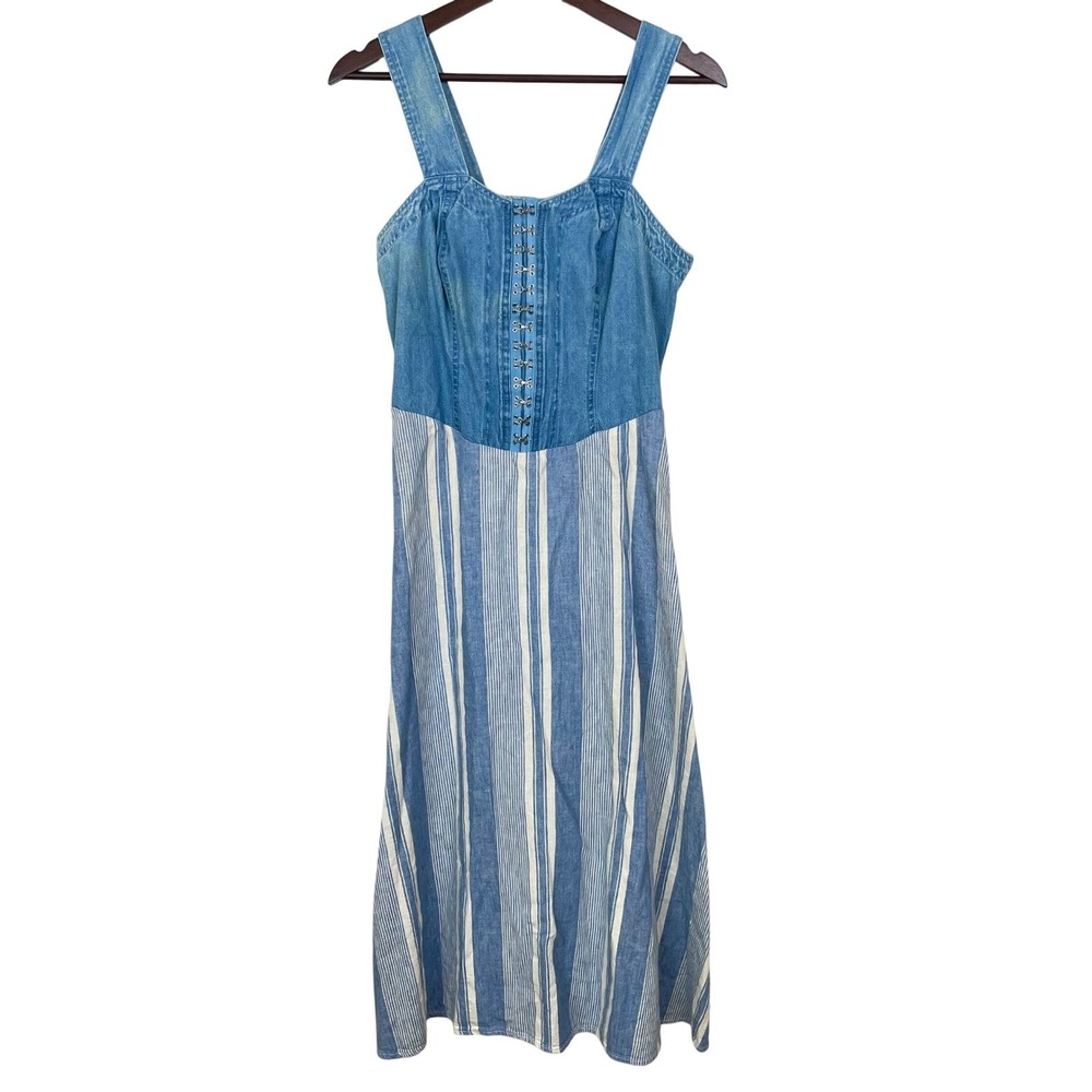 90s Vtg Womens Dress Sz S/M Linen Denim Corset Cottage Sleeveless Midi Boho Twee - Picture 2 of 11
